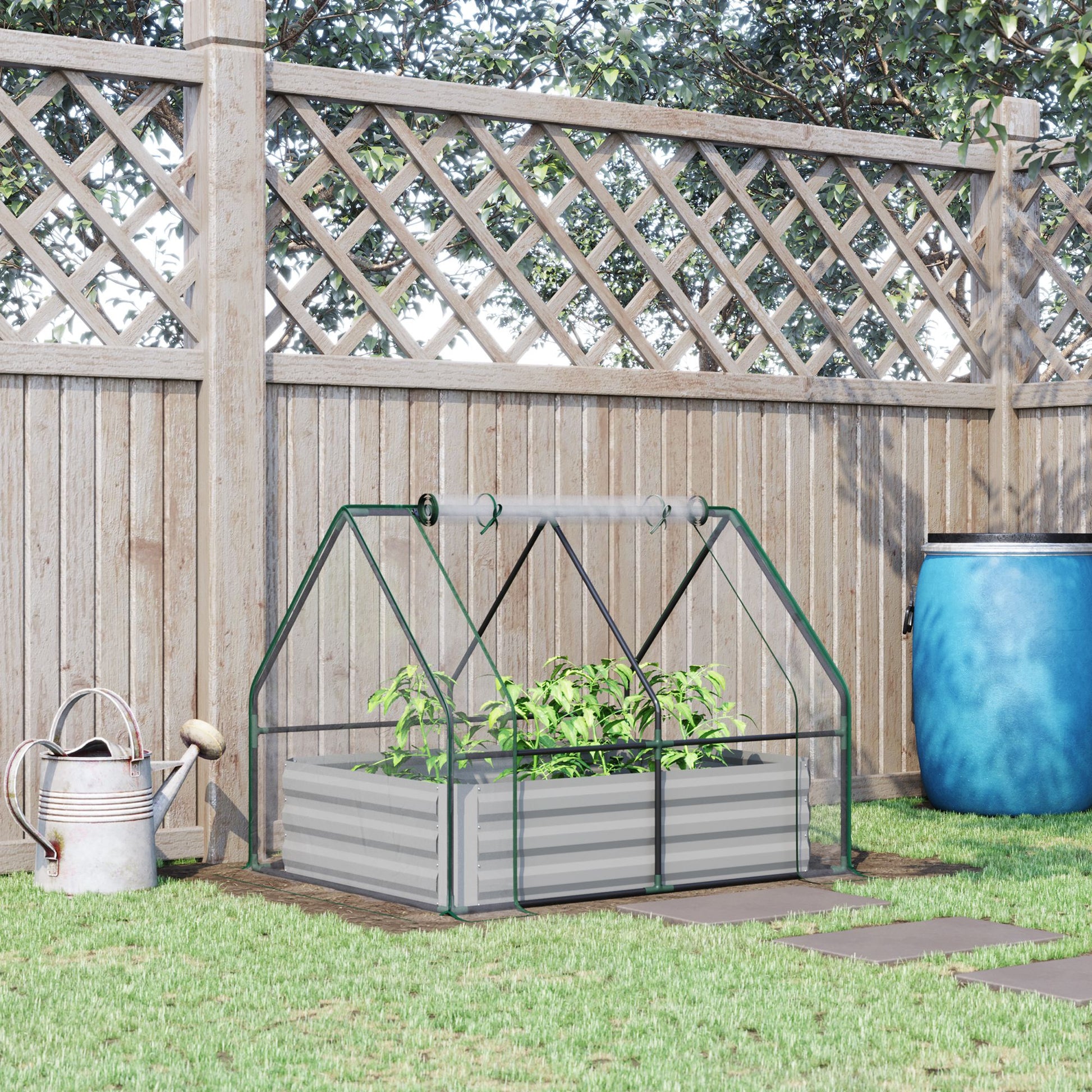 Outsunny 4' x 3' Galvanized Raised Garden Bed with Mini PVC Greenhouse Cover, Outdoor Metal Planter Box with 2 Roll-Up Windows Clear 