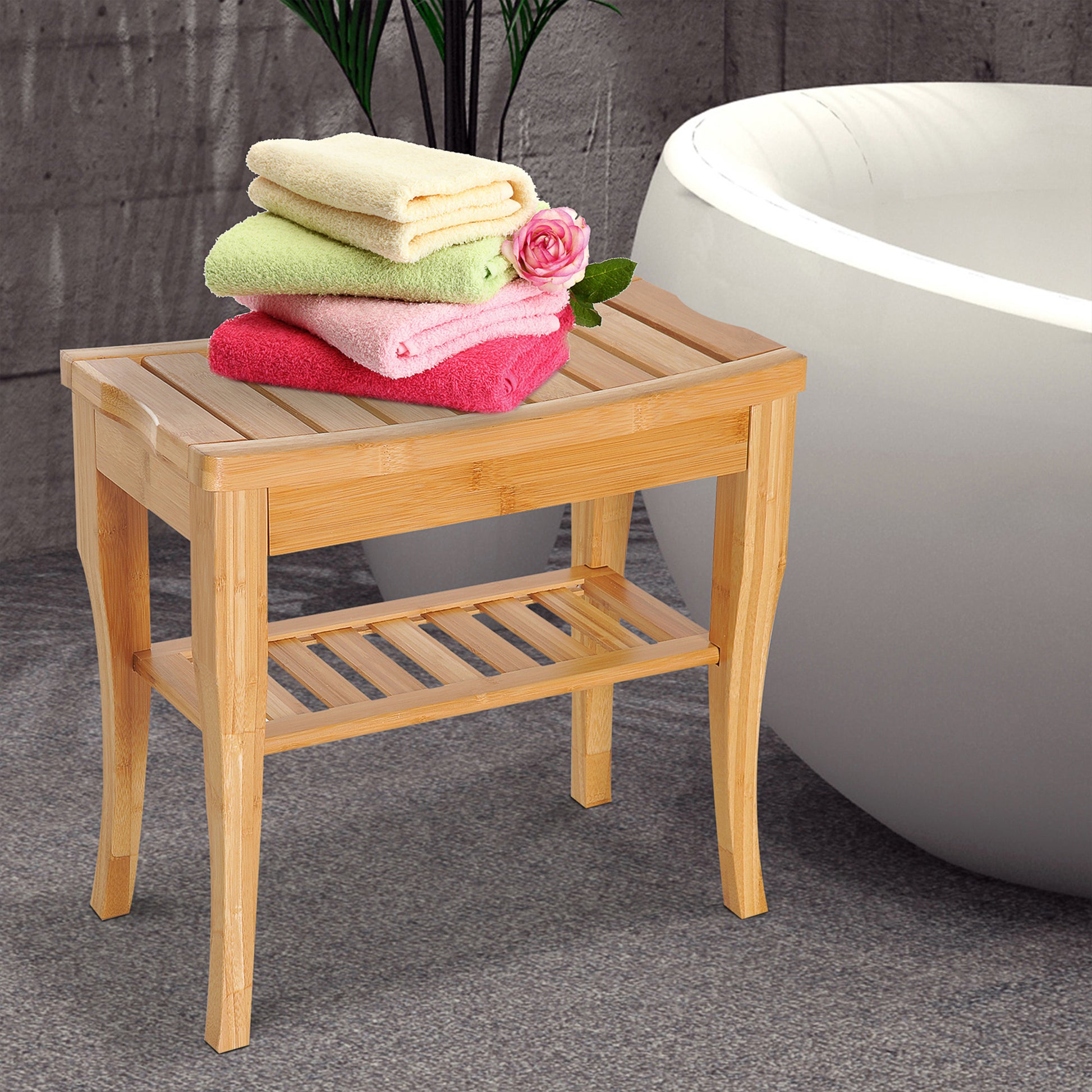 HOMCOM Wooden Bath Stool, Bambo w/ Lower Shelf 