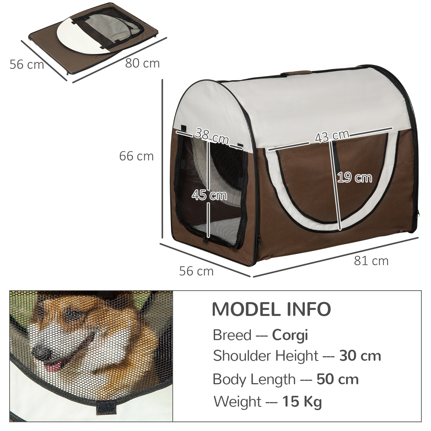 Cat Carrier, Dog Carrier, Dog Travel Crate, Folding, w/Soft Cushion Mesh Window Fabric 81Lx56Wx66Hcm-Brown