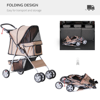 Cat Stroller, Pram, Pushchair, Foldable, Zipper Entry Cup Holder Carrier Cart Wheels-Brown/Silver