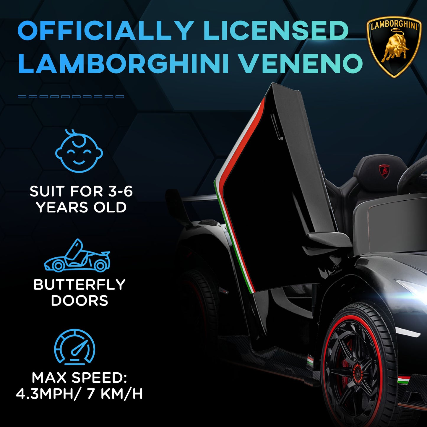 Lamborghini Veneno Licensed 12V Kids Electric Ride on Car w/ Portable Battery, Powered Electric Car w/ Bluetooth Black