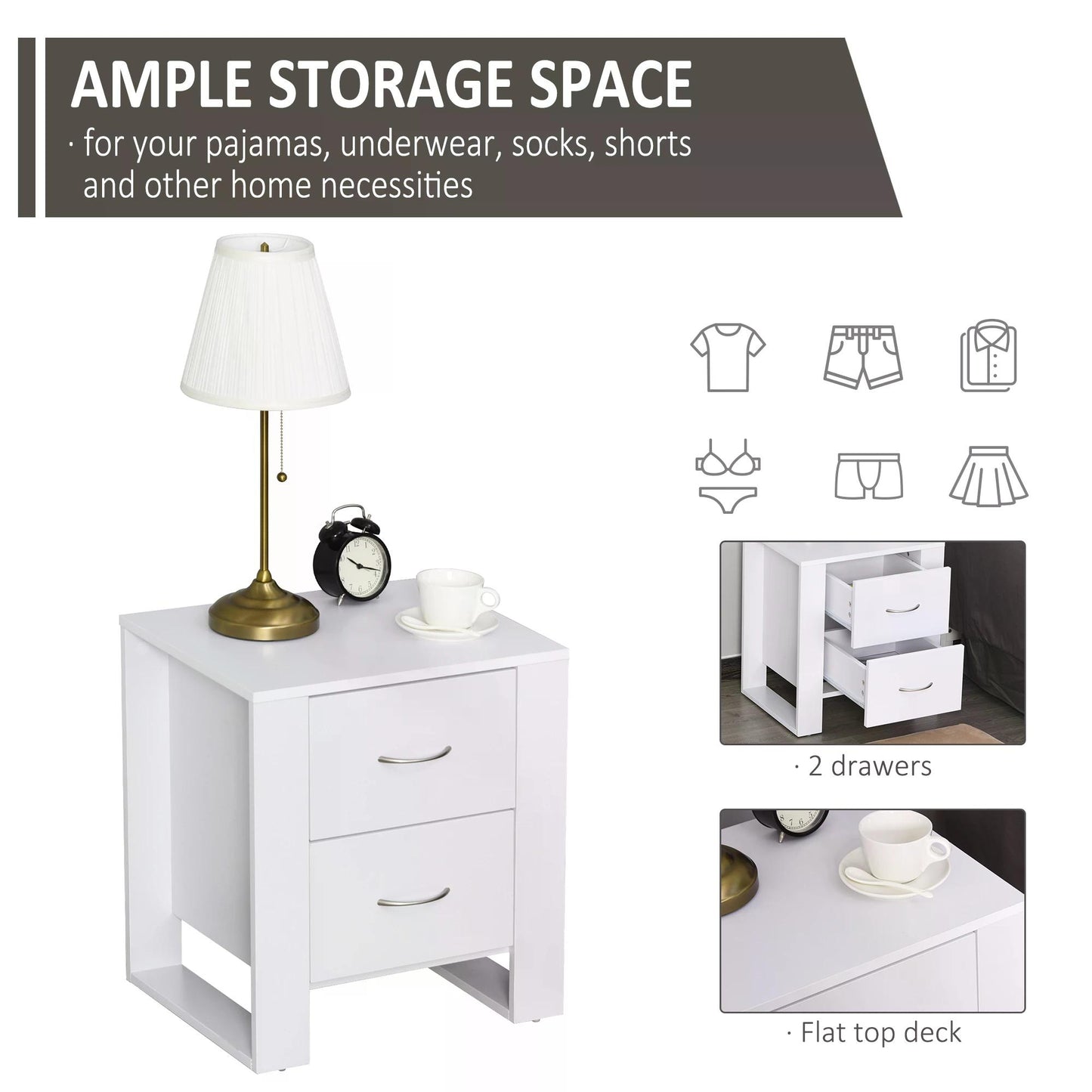 Particle Board 2-Drawer Bedside Table White