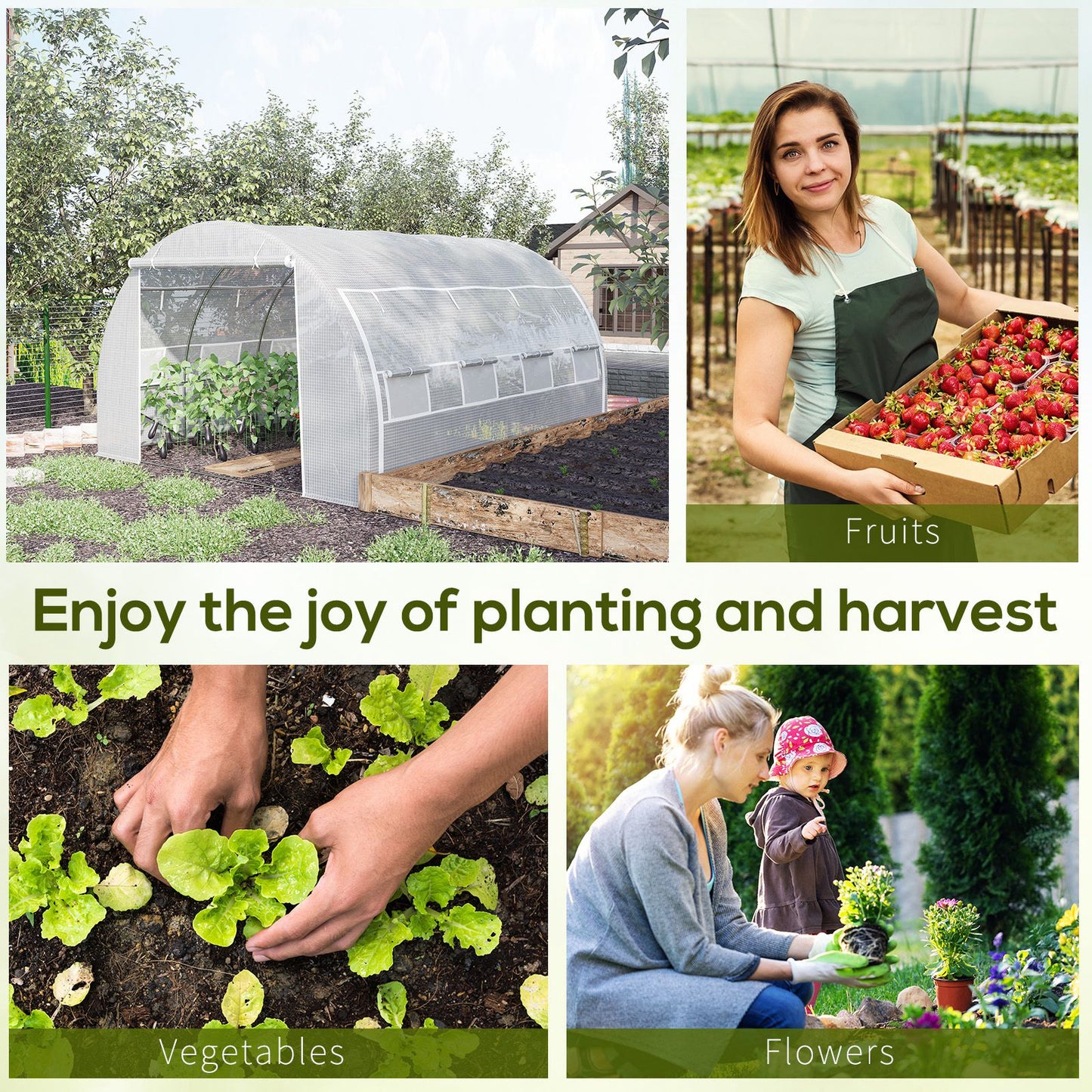 4 x 3 x 2 m Polytunnel Greenhouse, W/ Steel Frame Reinforced Cover Zippered Door&8 Windows White