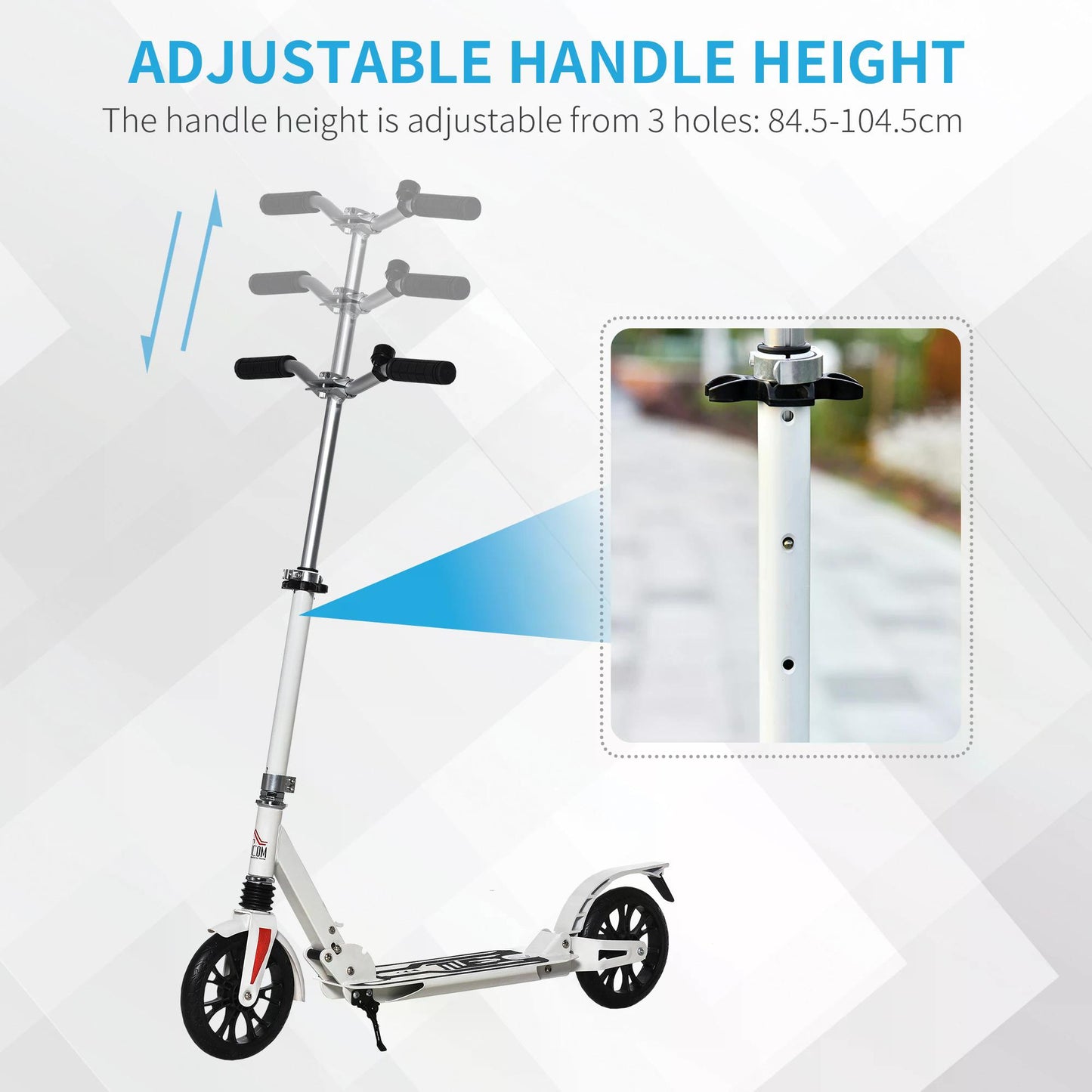 Adult Kick Scooter, Foldable, Height Adjustable 200mm Large Wheels Scooters w/ with Foot Brak and Manual Bell, White