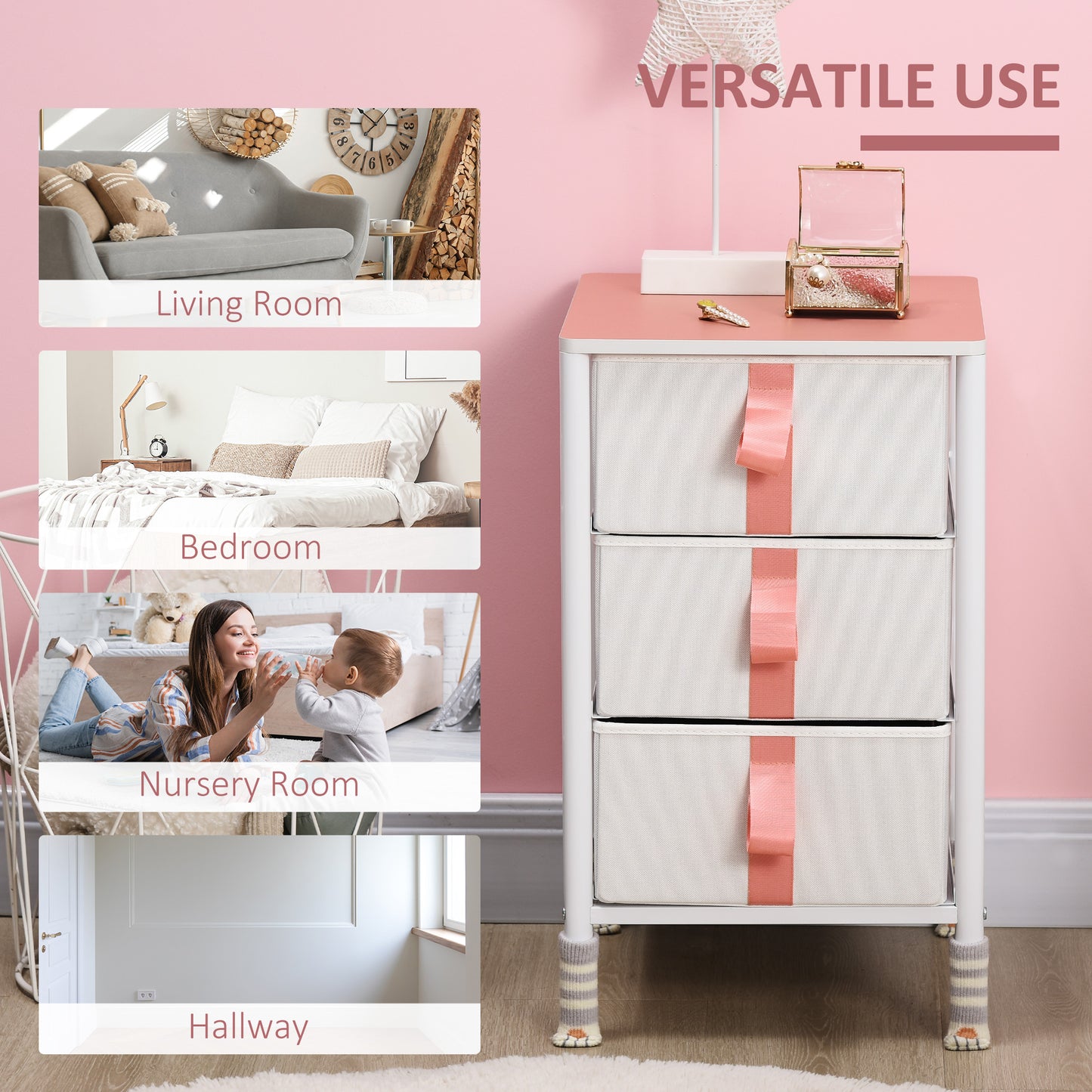 3 Drawer Chest of Drawers, Fabric, Metal Frame and Wooden Top, Storage Cabinet for Kids Room, Living Room, Pink