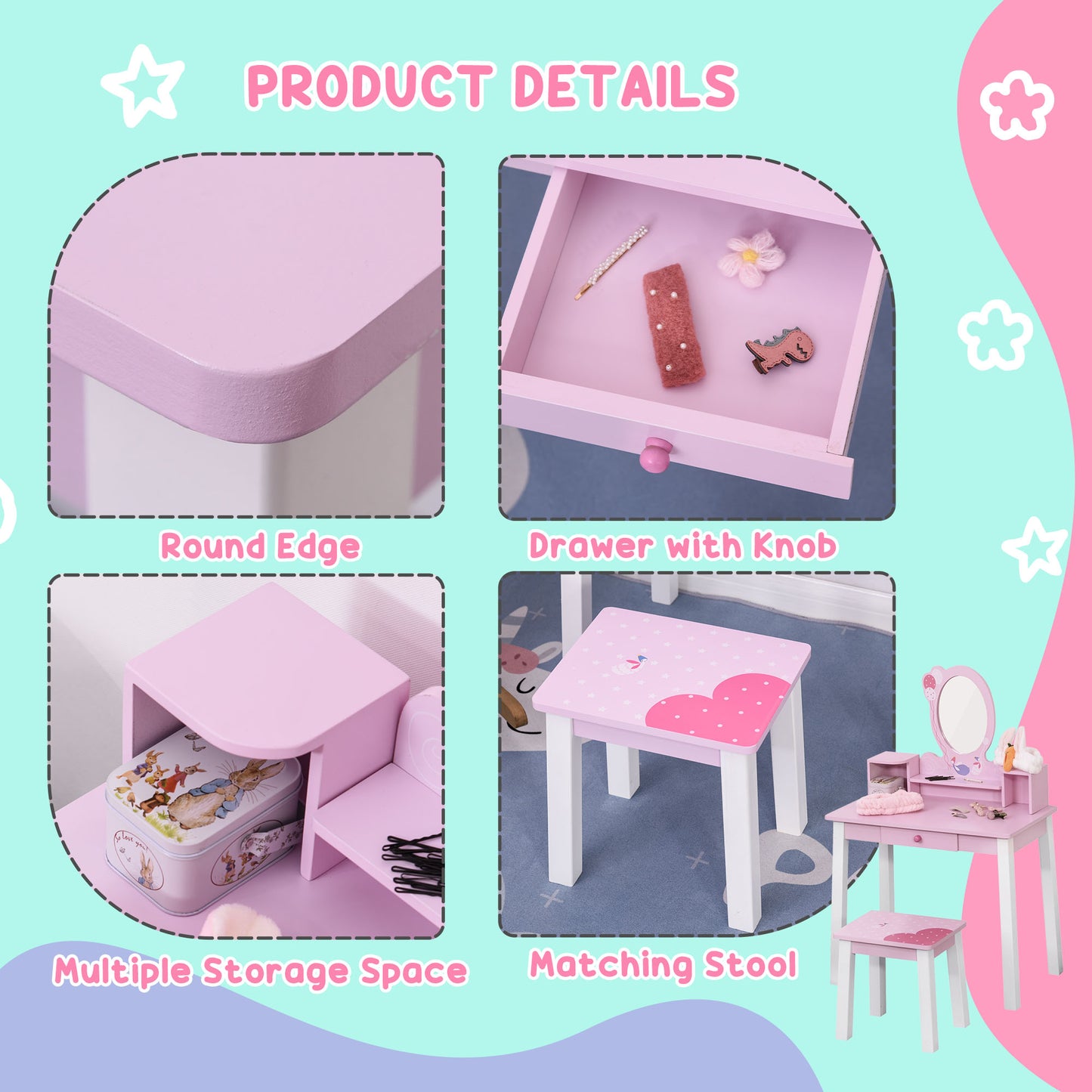 Kids Dressing Table W/Stool Set-Pink