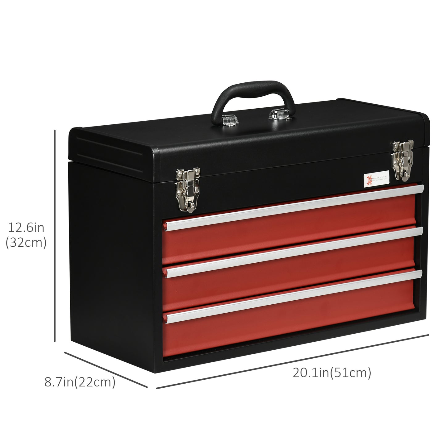 Metal Tool Box 3 Drawer Tool Chest DIY Tools Kit, Lockable with Ball Bearing Runners, Portable Toolbox, 510mm x 220mm x 320mm