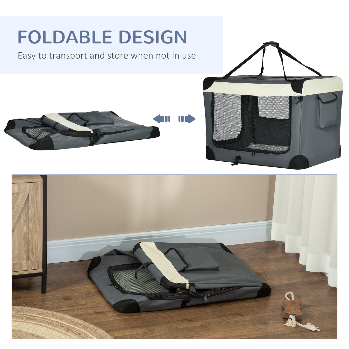 Dog Carrier, Dog Travel Crate, Folding Fabric Soft 81Lx57Wx57Hcm-Grey