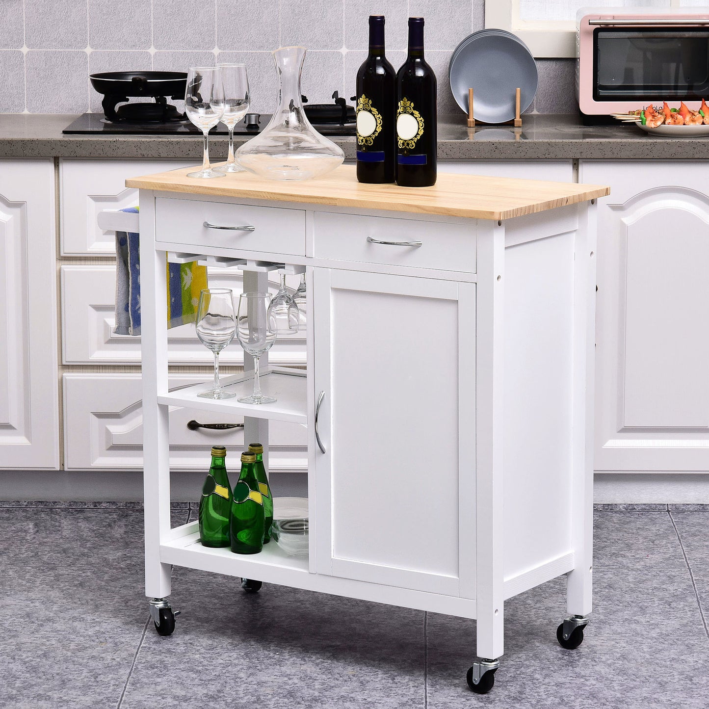 Kitchen Trolley on Wheels, Shelves Towel Rail 2 Drawers Wine Glass Rack