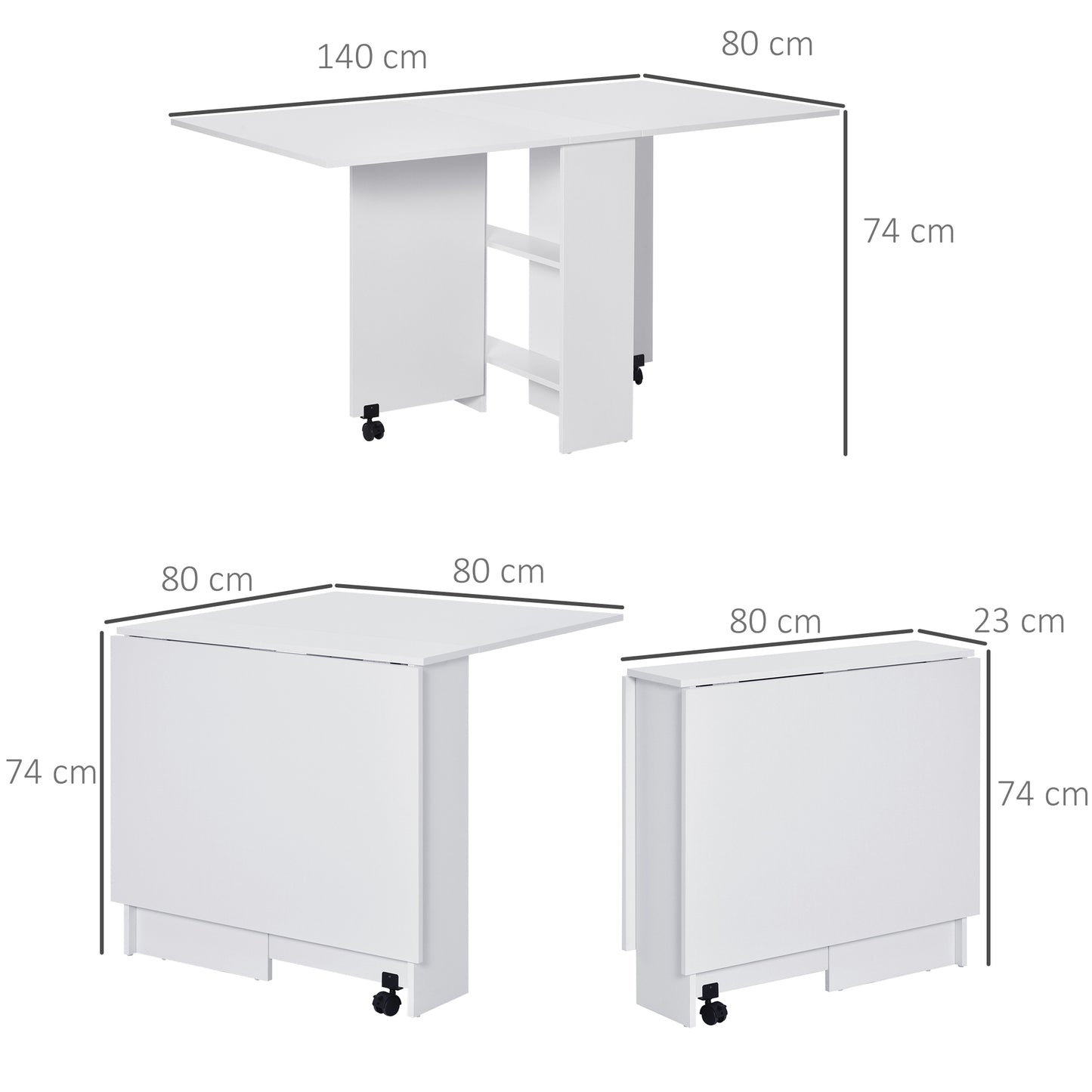 Kitchen Folding Desk Mobile Drop Leaf Dining Table W/ Wheels & Storage Shelves-White Wood Grain