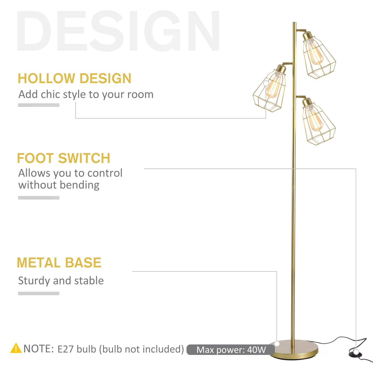 Gold Floor Lamp for Dining Room, 3-Light Tall Standing Lamp  Steel Frame, Foot Switch, Round Base, E27 Living Room Gold