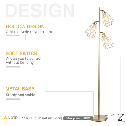 Gold Floor Lamp for Dining Room, 3-Light Tall Standing Lamp  Steel Frame, Foot Switch, Round Base, E27 Living Room Gold