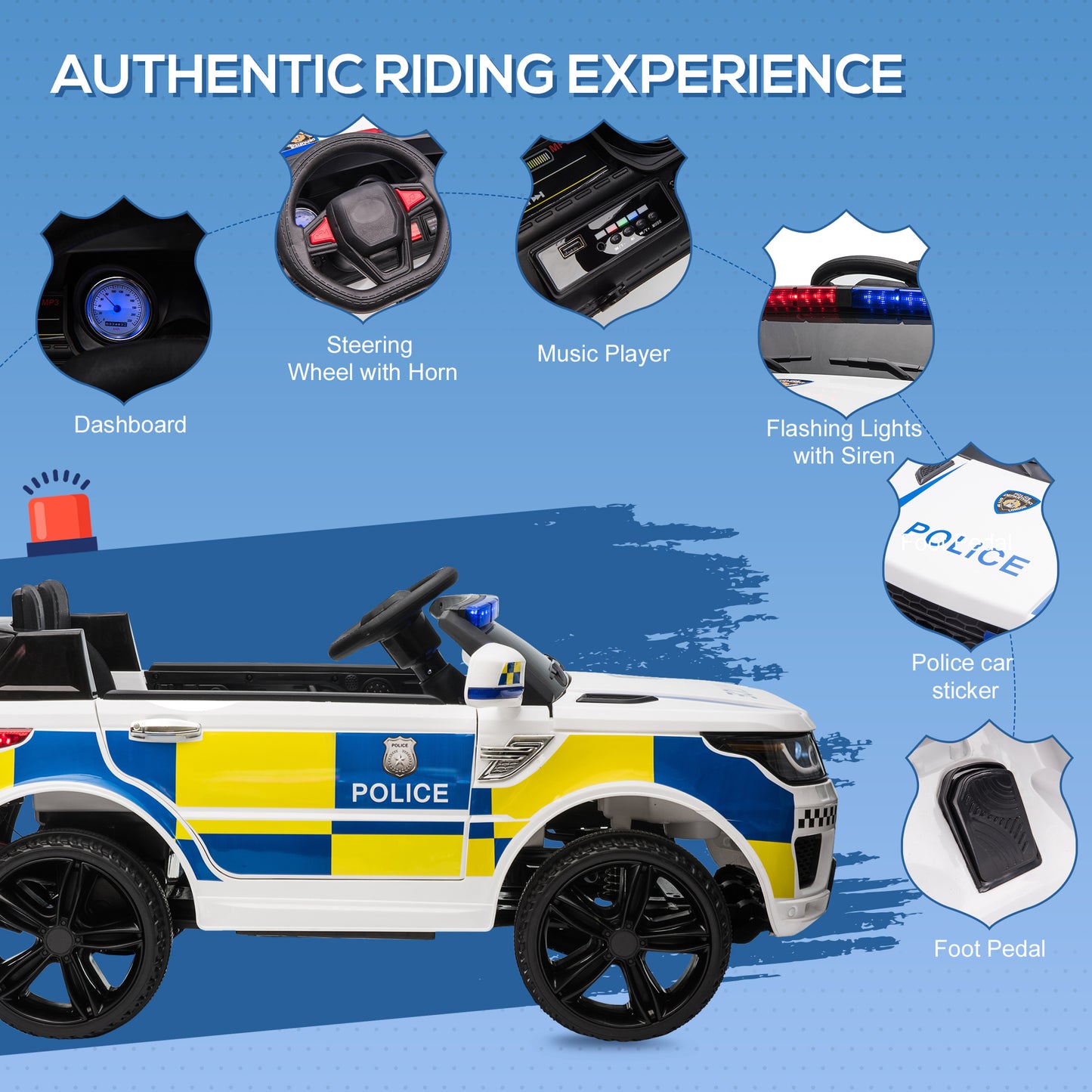 12V Kids Portable Electric Ride On Police Car with Parental Remote Control Siren Flashing Lights USB Bluetooth White