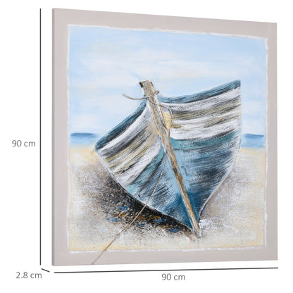 Paintings for Living Room, Bedroom Wall Decor, Hand-Painted Canvas Wall Art Blue Boat in the Beach, 90 x 90 cm