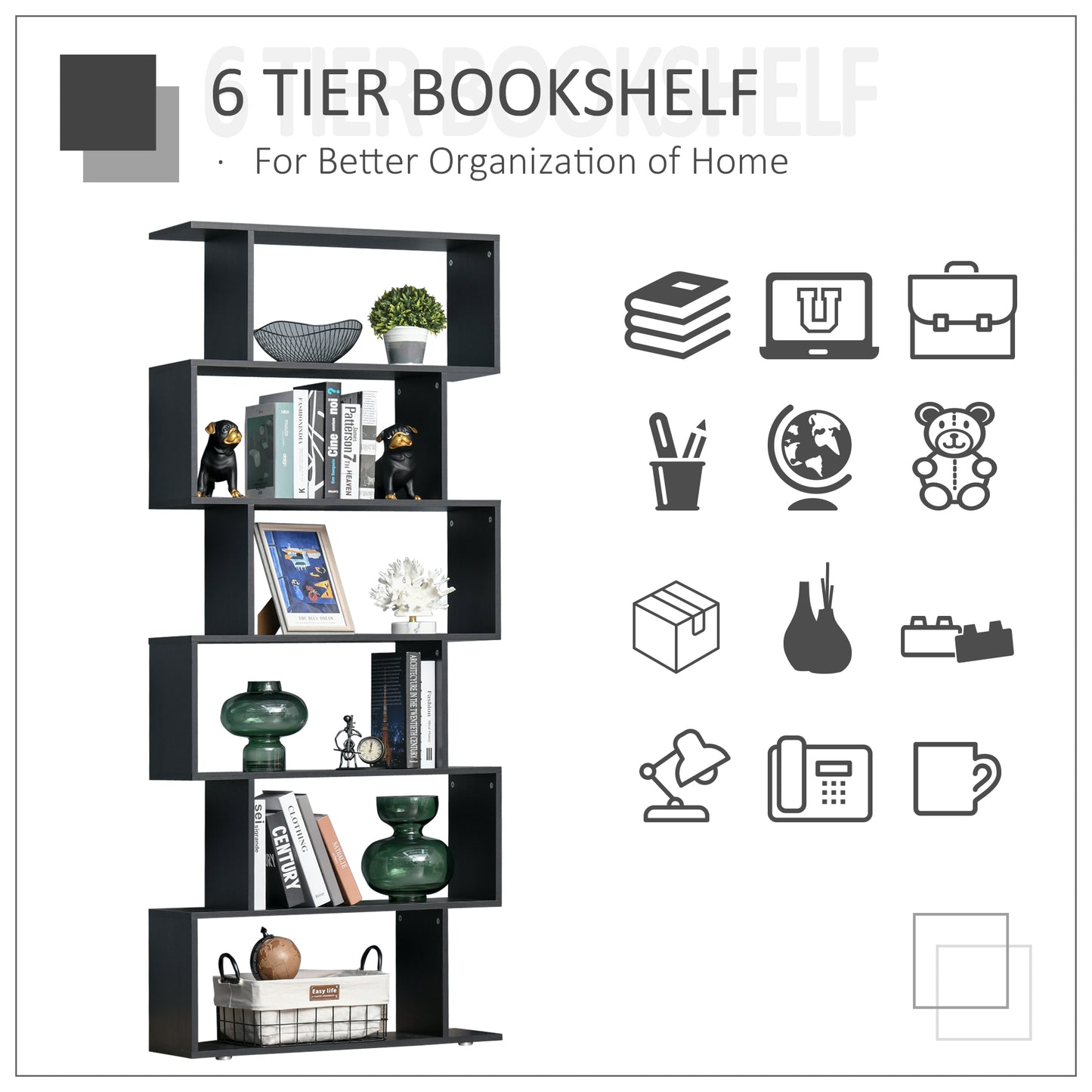 6 Shelves Bookshelf S Shape-Black