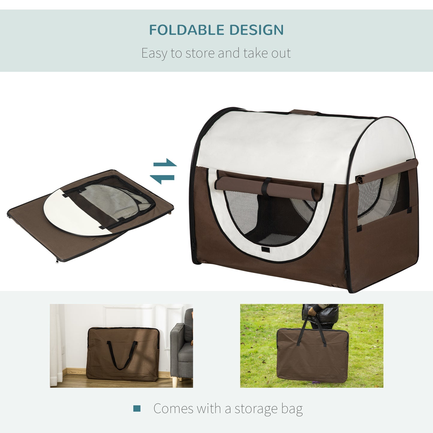 Cat Carrier, Dog Carrier, Dog Travel Crate, Folding, w/Soft Cushion Mesh Window Fabric 81Lx56Wx66Hcm-Brown