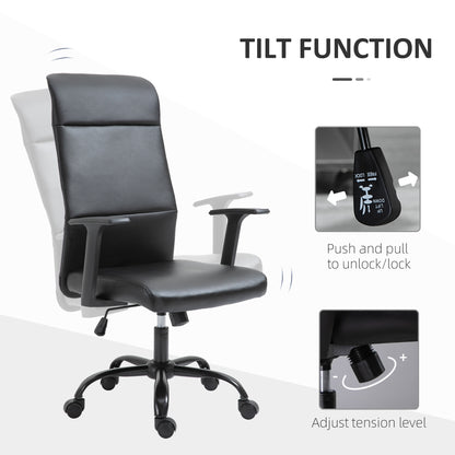 High Back Desk Chair, Black Leather Desk Chair with Adjustable Height, Armrests, Swivel Wheels