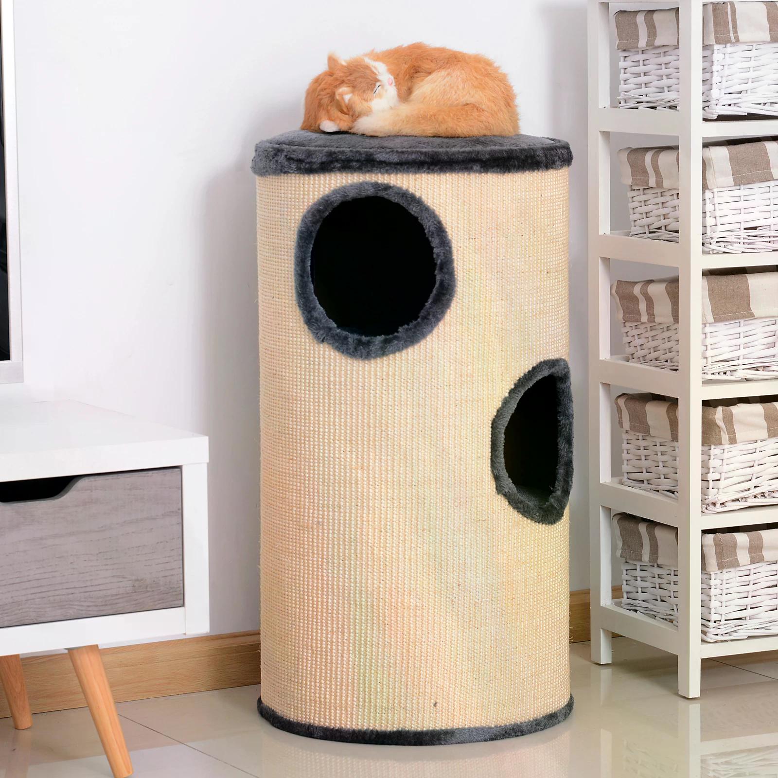 PawHut Cat Scratching Barrel Sisal Activity Center Post 3 Dens Observation Deck 70H cm 