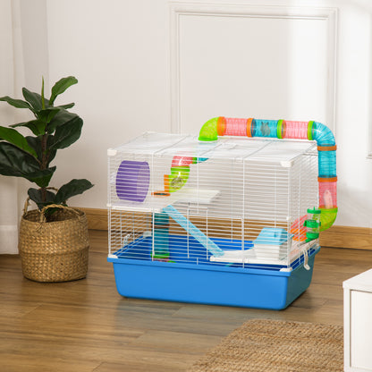 PawHut Plastic Hamster Cage, with Tubes Tunnel Three-Level Rodent House with Exercise Wheel, Water Bottle, 59 x 36 x 47 cm- Blue 