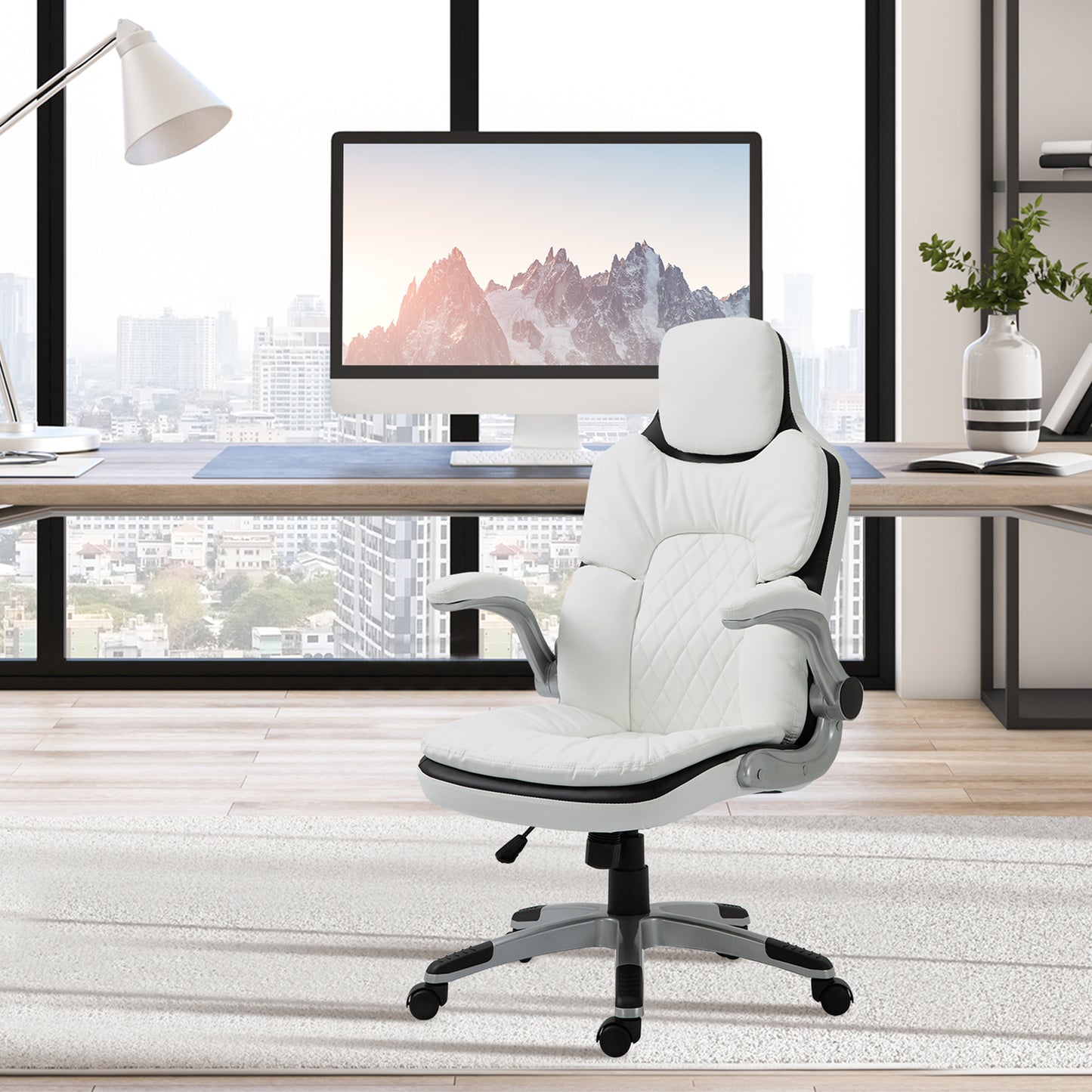 Vinsetto High Back Office Chair 360° Swivel Rocking Height Adjustable with Adjustable Armrest PU Leather White 