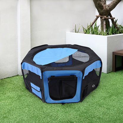 PawHut Fabric Pet Dog Playpen 8 panels Portable Octagon Shape Blue/Black Pet Playpen 