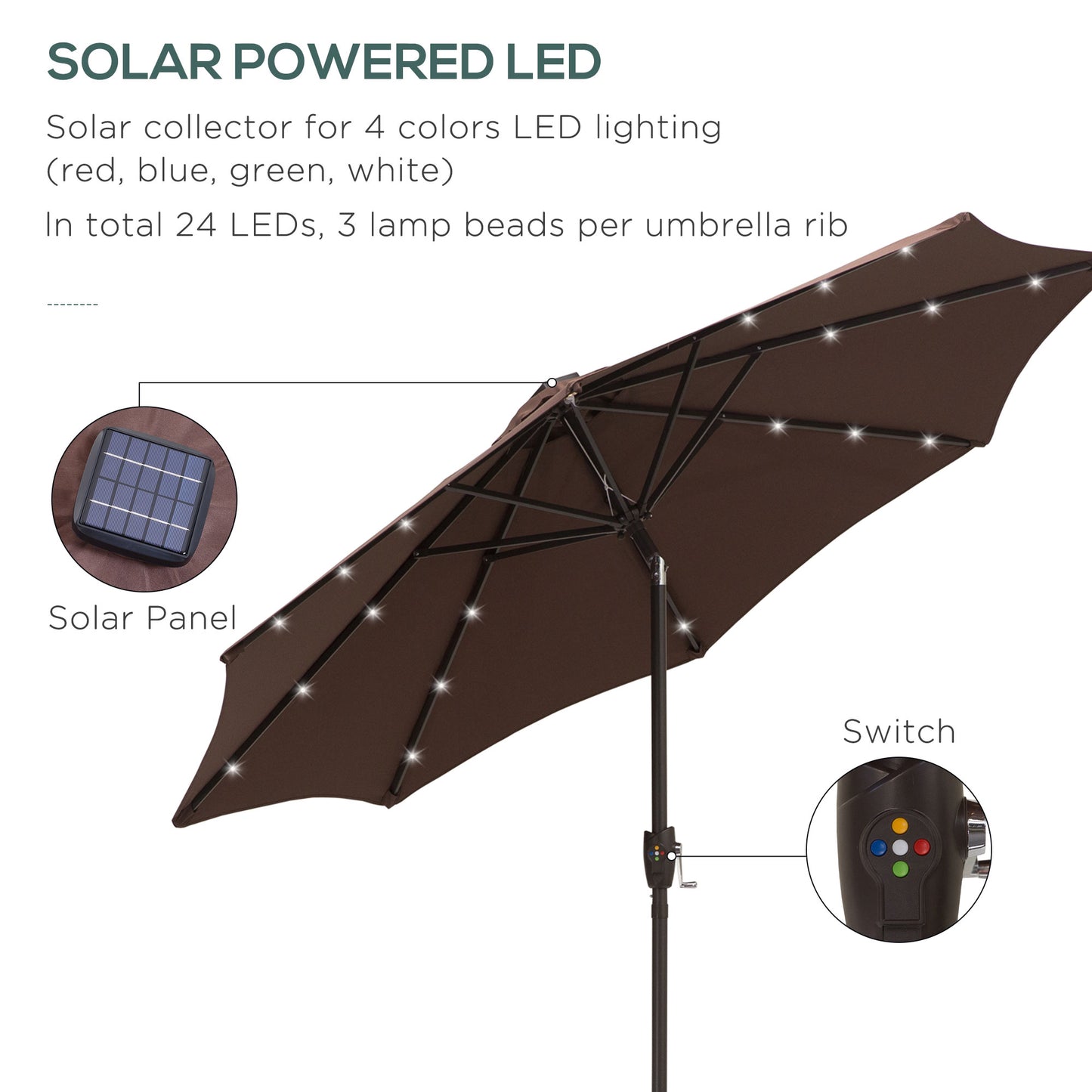 Φ2.7m Garden 24 LED Light Parasol Solar Outdoor Tilt Sun Umbrella Patio Club Party Event Manual Sun Shade w/Hand Crank 8 Ribs Brown/Coffee