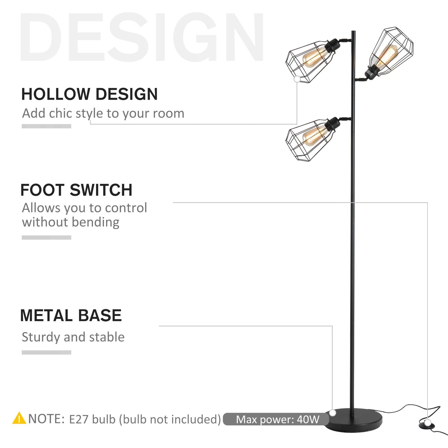 Tall Floor Lamp for Dining Room, 3-light Standing Lamp, Matte Black Finish, Steel Frame E27 Living Room Black