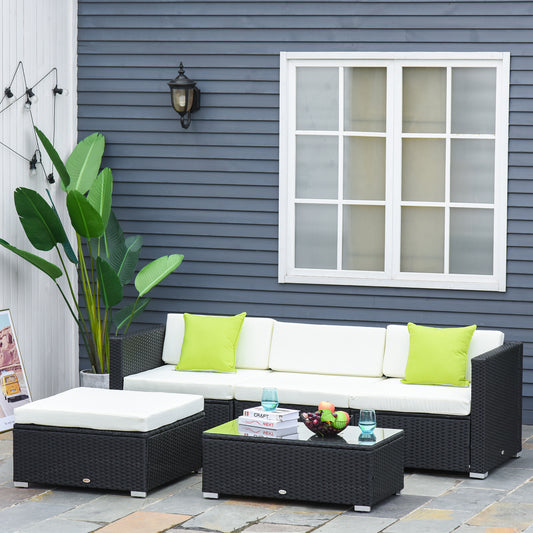 Outsunny 5PC Rattan Furniture Set Garden Outdoor Sectional Sofa Coffee Table Combo Patio Furniture Metal Frame w/Cushion Pillows Black