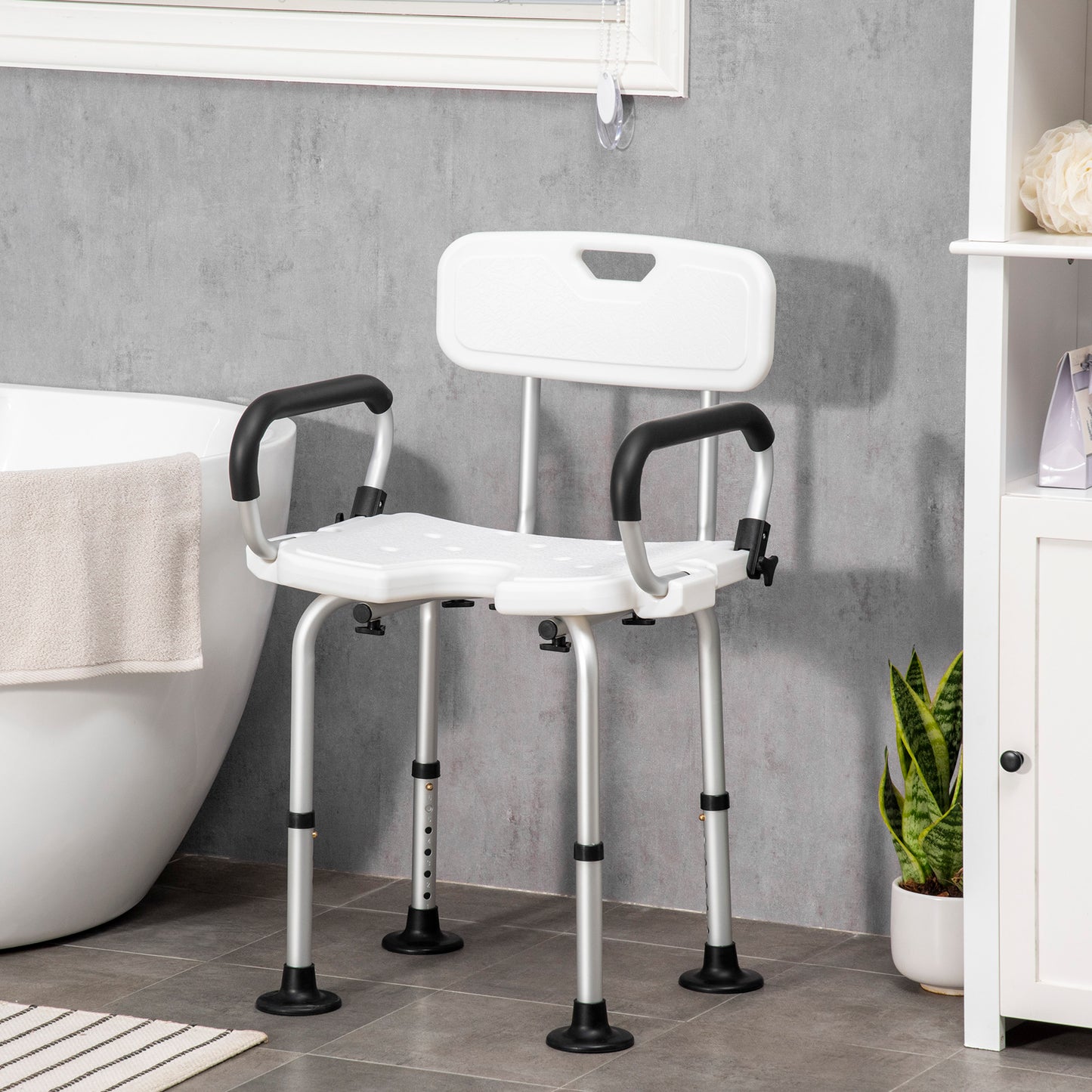 HOMCOM Shower Chair for Disabled, Height Adjustable Shower Stool with Back and Flipped Padded Arms, White 