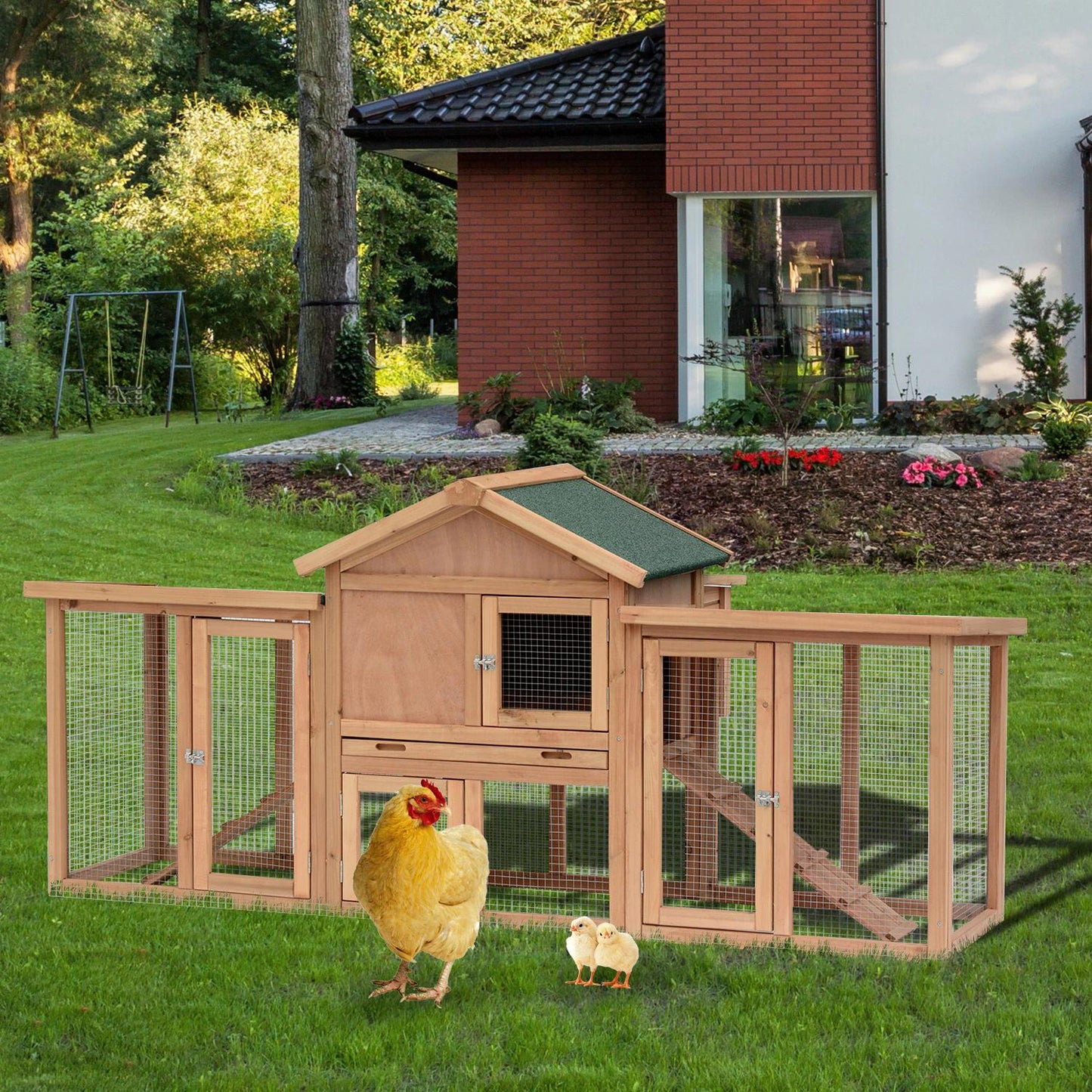 PawHut Hen Coop, with Comfortable Nesting Box & Fun Outdoor Run 204 x 85 x 93cm