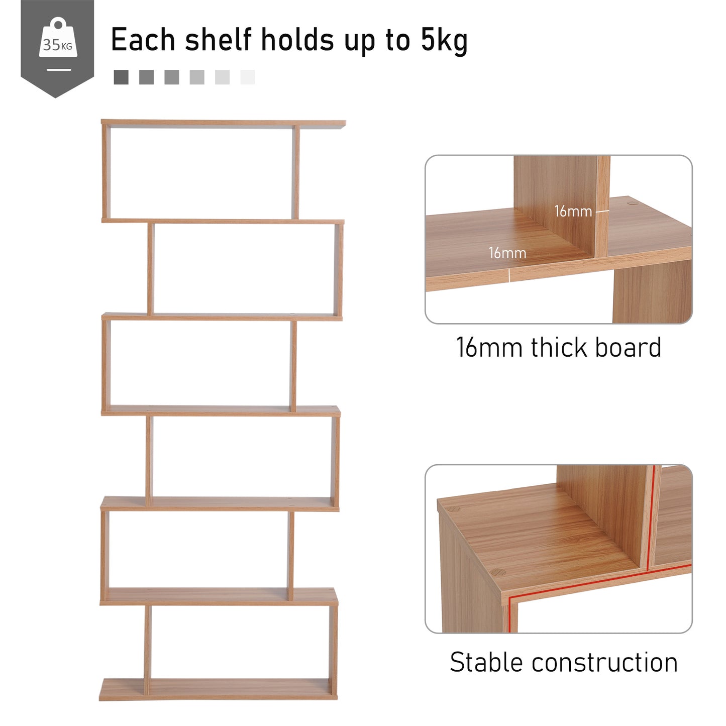 6 Tier Wooden Bookshelf Modern S-Shaped Shelf Unit Storage Display