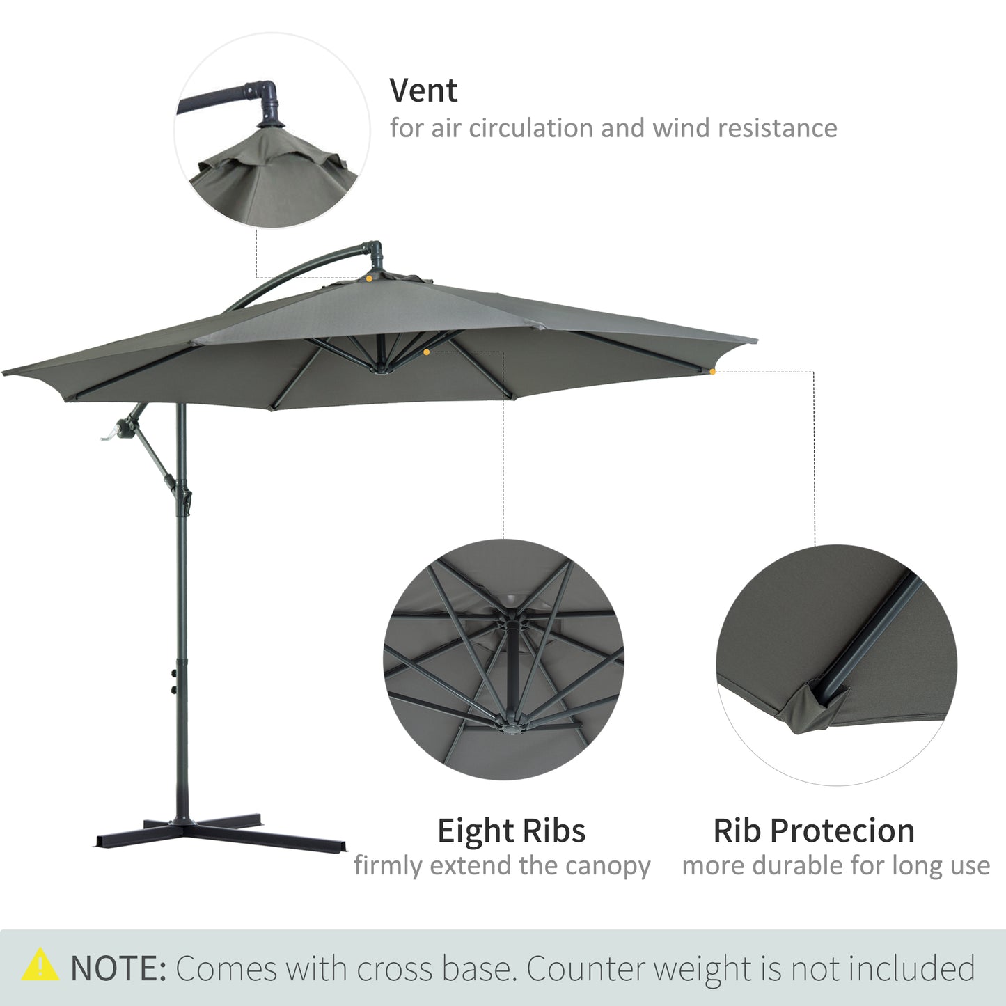 3m Cantilever Umbrella Garden Banana Parasol Patio Hanging Sun Shade - Grey