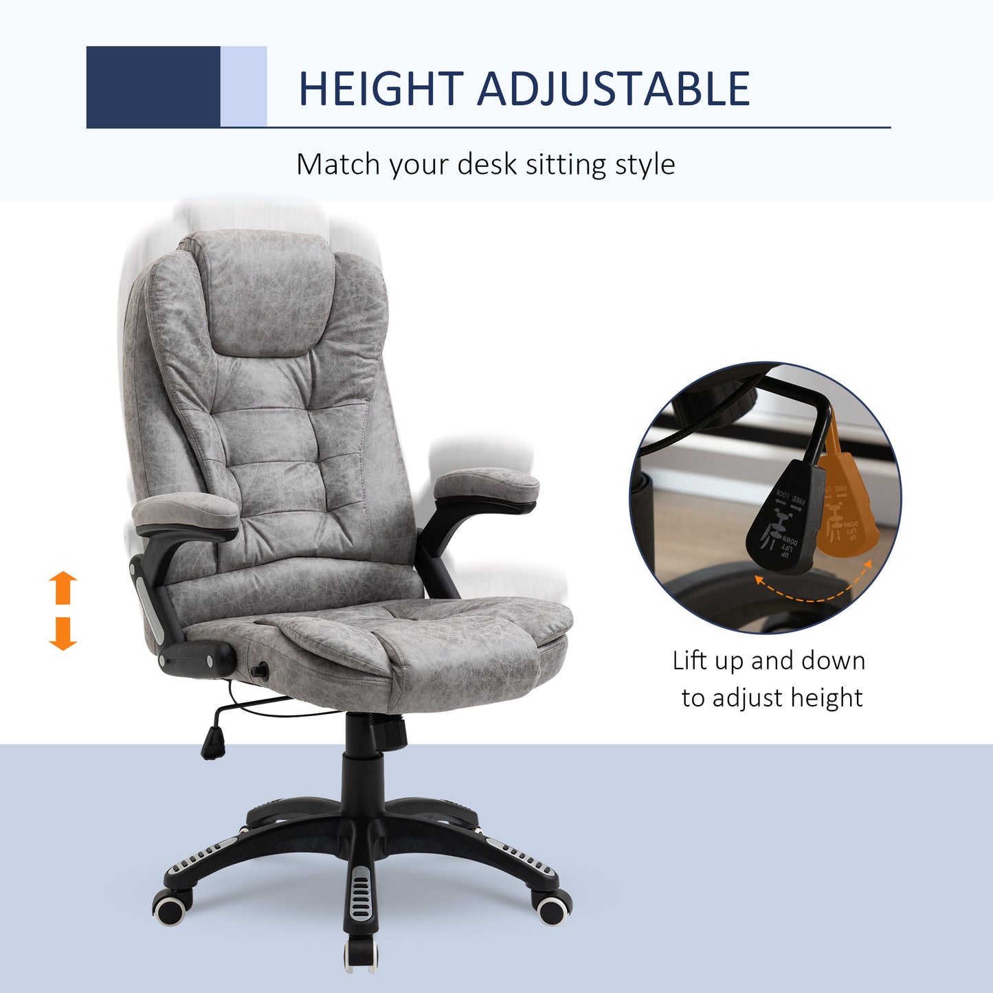 High Back Office Desk Chair, 135° Reclining, with Adjustable Height, Grey