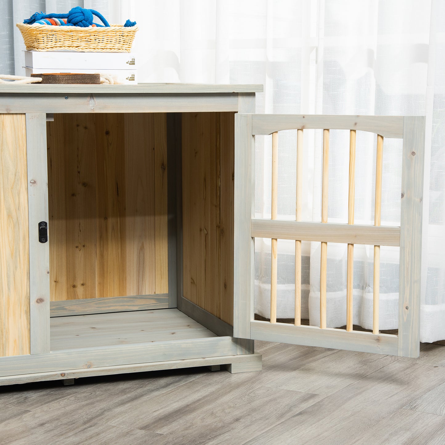 Wooden Dog Crate, Furniture Style Dog Kennel End Table w/ Lockable Door, Window, for Small, Medium Dogs, Grey and Natural