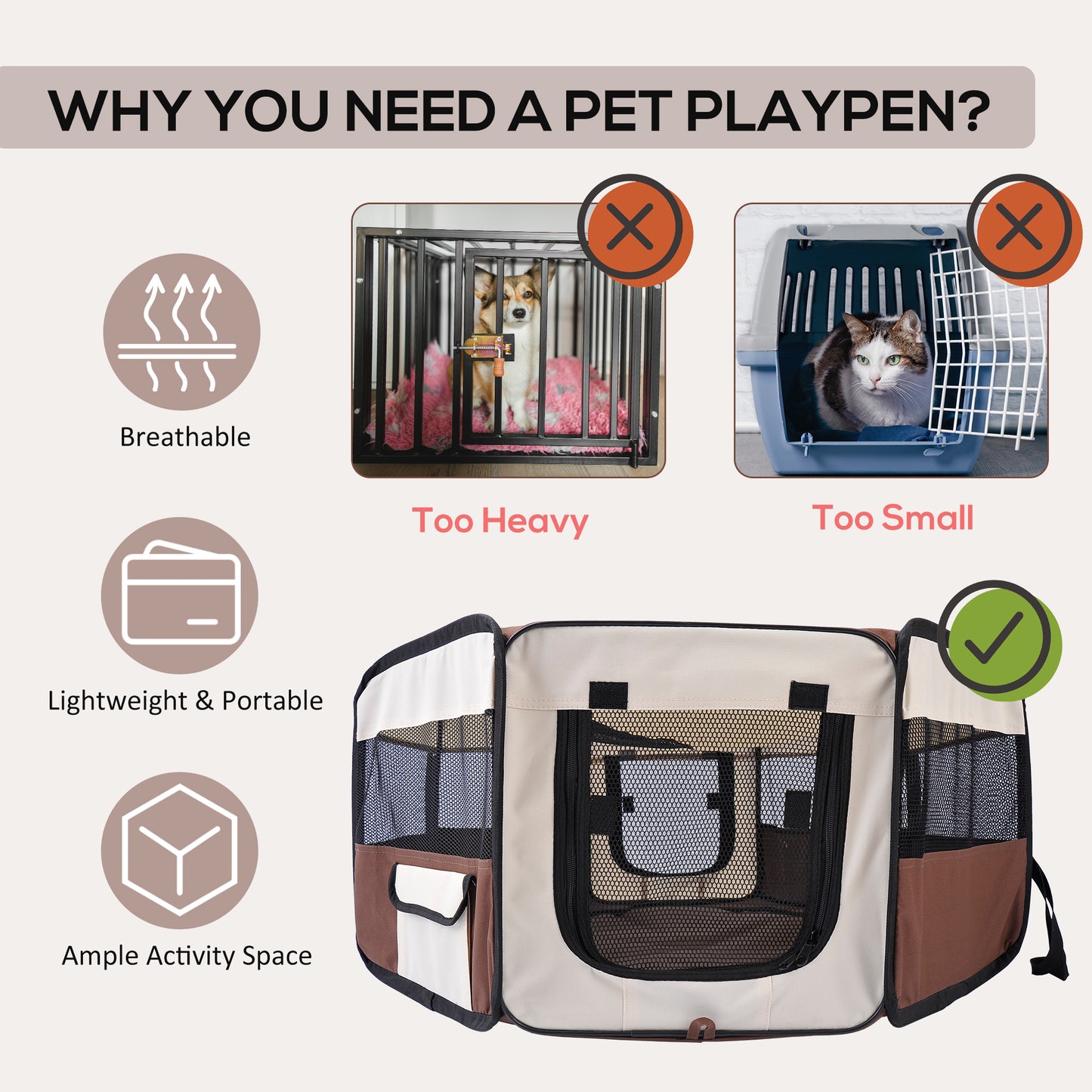 Fabric Pet Dog Playpen Octagon Shape 8 Panels Portable L37cm xH37cm xD95cm Brown and Cream