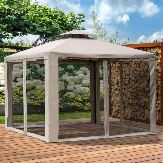 Outsunny 3 x 3m Metal Gazebo Garden Outdoor Marquee Party Tent Canopy Pavillion Patio Shelter w/Mesh Sidewalls Taupe 2.95m Pavilion 