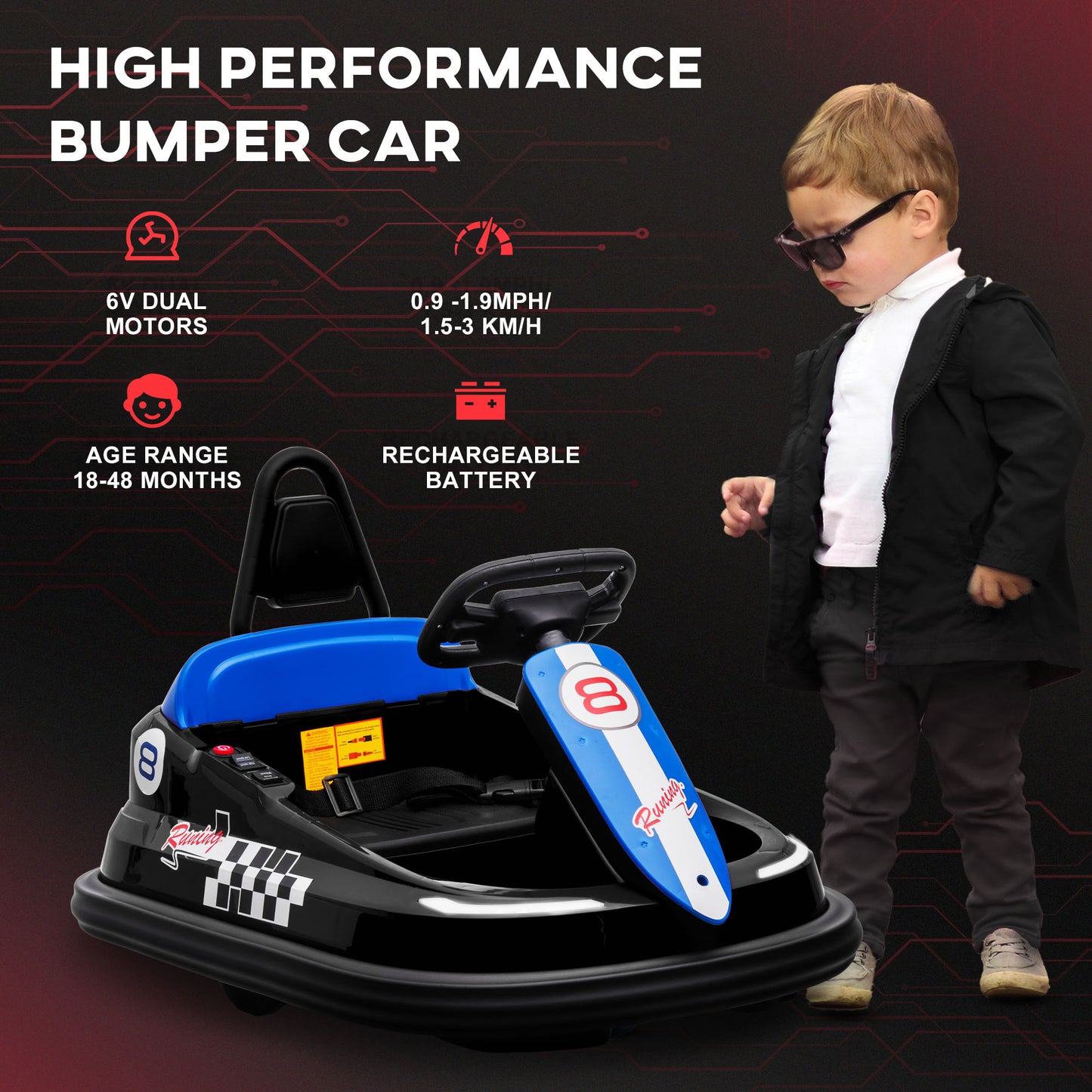 Electric Ride on Kids Bumper Car, 6V 360-Degree Rotation Waltzer Car, Battery Powered w/ 2 Speeds, Music, Black