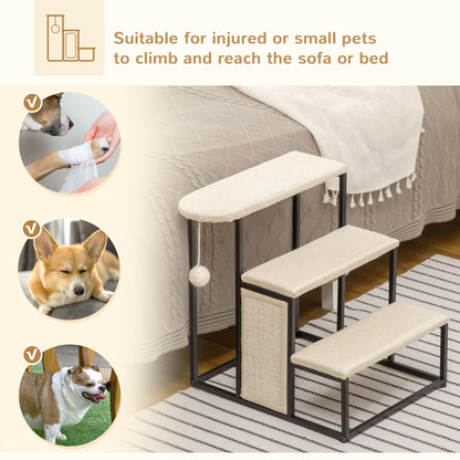 Puppy Steps for Bed, Three-Step Pet Stairs, w/Scratching Board, Toy Hanging Ball, Steel Frame