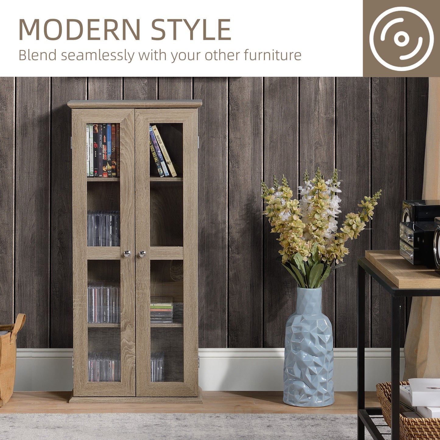 CD Cabinet - Holds up to 100 CDs, 4-Tier CD Storage Unit, Modern Bookcase with Magnetic Doors and Wide Base for Home, Brown