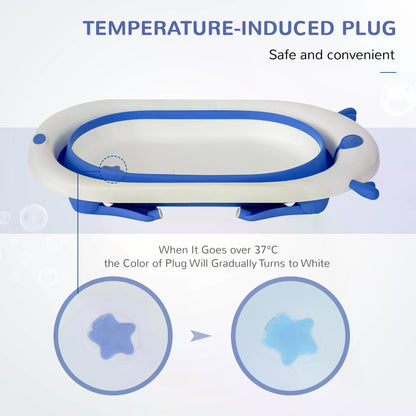 Collapsible Baby Bath Tub Foldable Ergonomic w/ Cushion Temperature Sensitive Water Plug Non-Slip Support Leg Portable Blue