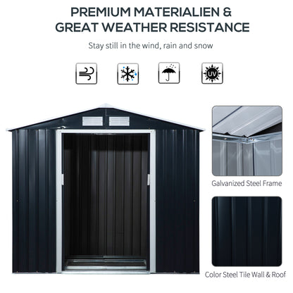 Outdoor Storage Shed, 7ft x 4ft, Large Patio Roofed Tool Metal Storage Building Foundation Sheds Box Outdoor Furniture