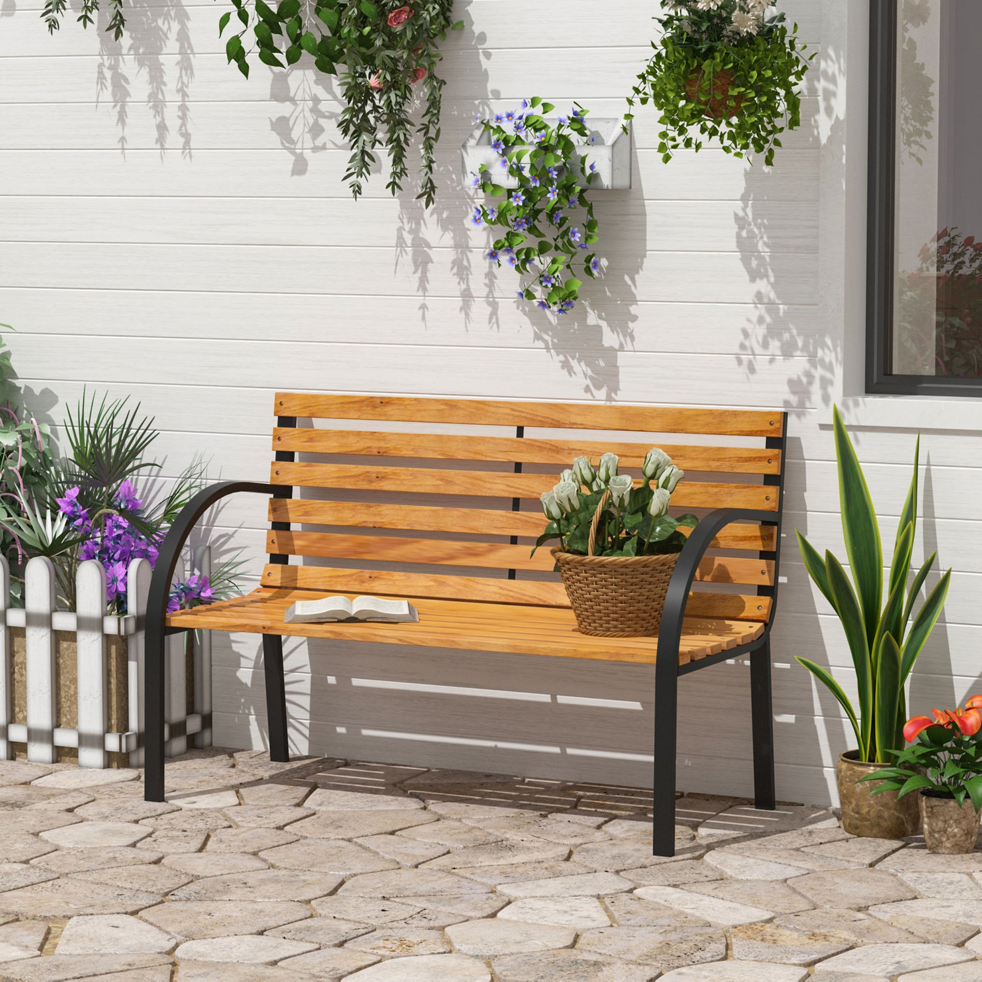 Outsunny Garden Bench, 122Lx60Wx80H cm-Steel/Wood 