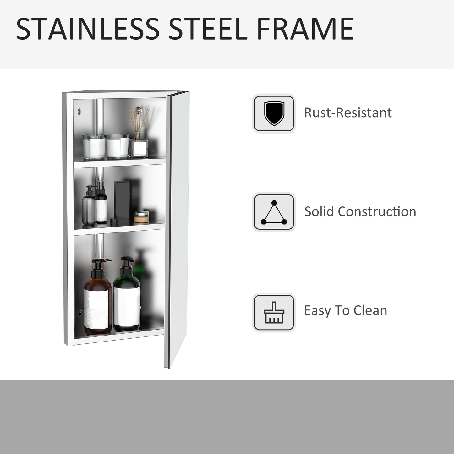 Stainless Steel Bathroom Corner Mirror Cabinet, 1 Door