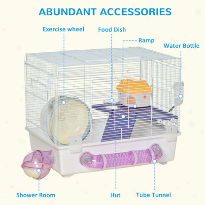 Hamster House, 2 Tier, Gerbil Rodent House Small Animal Habitat w/Exercise Wheels Tunnel Tube Water Bottle Dishes Ladder, White