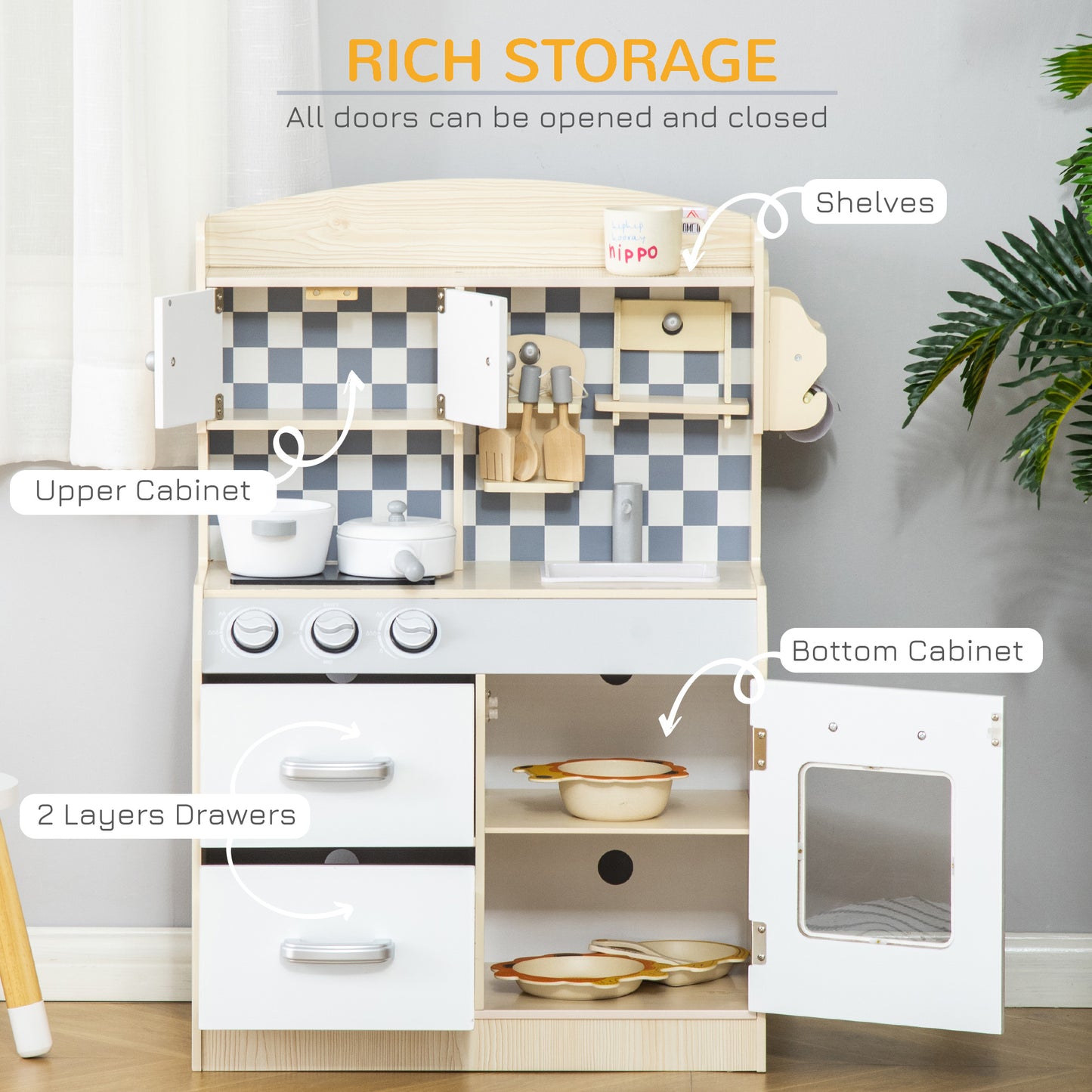 Childrens Toy Kitchen, Natural Wood w/ Multi-Storage