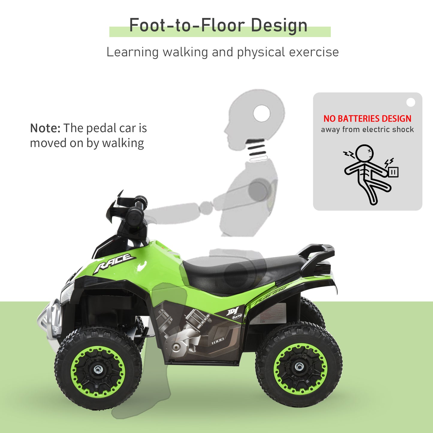 Kids Electrical Quad Bike, Ride On Car, for Toddlers 4-Wheel PP Walker Foot To Floor Green/Black