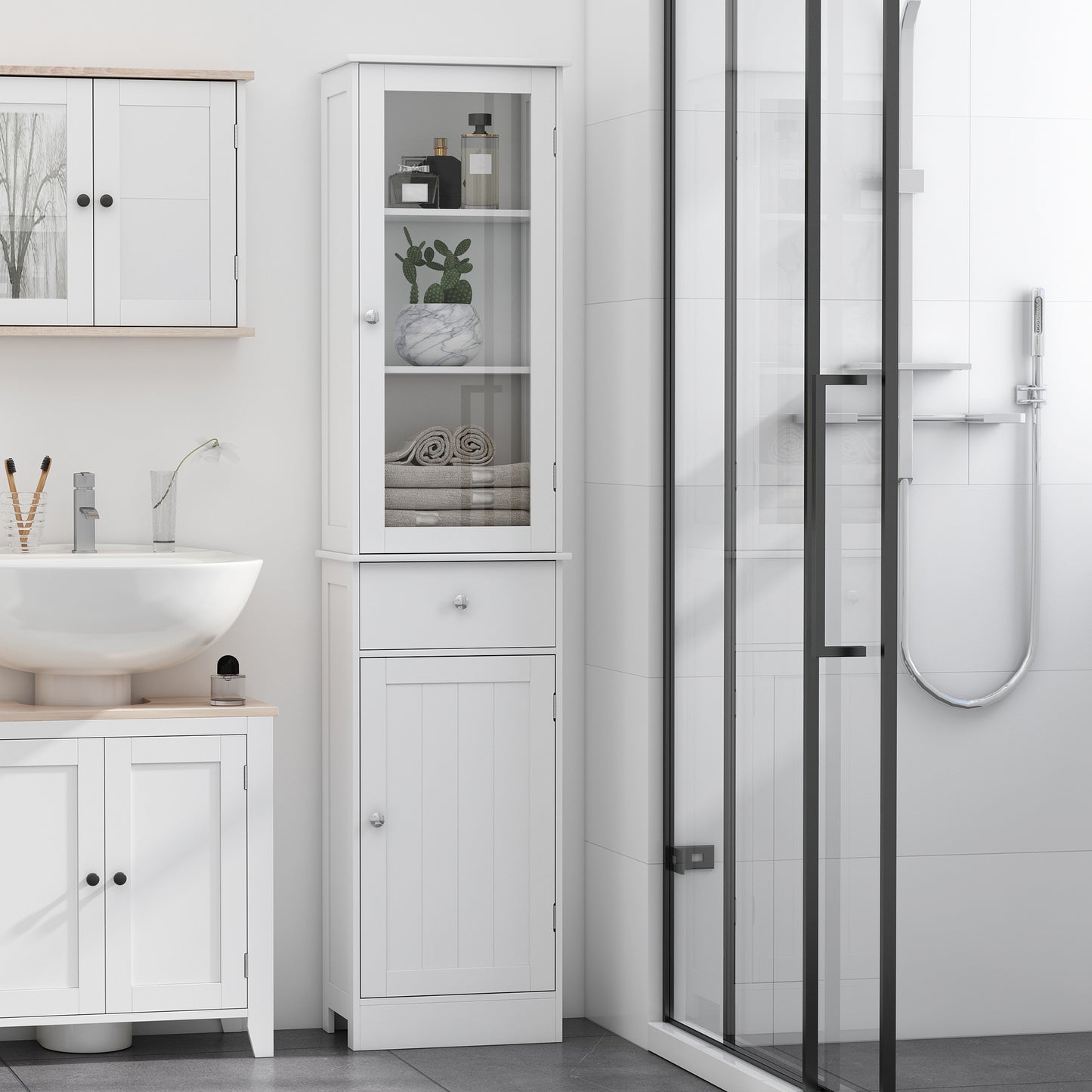 kleankin Bathroom Storage Cabinet with 3-tier Shelf Drawer Glass Door, Floor Cabinet Free Standing Tall Slim Side Organizer Shelves 