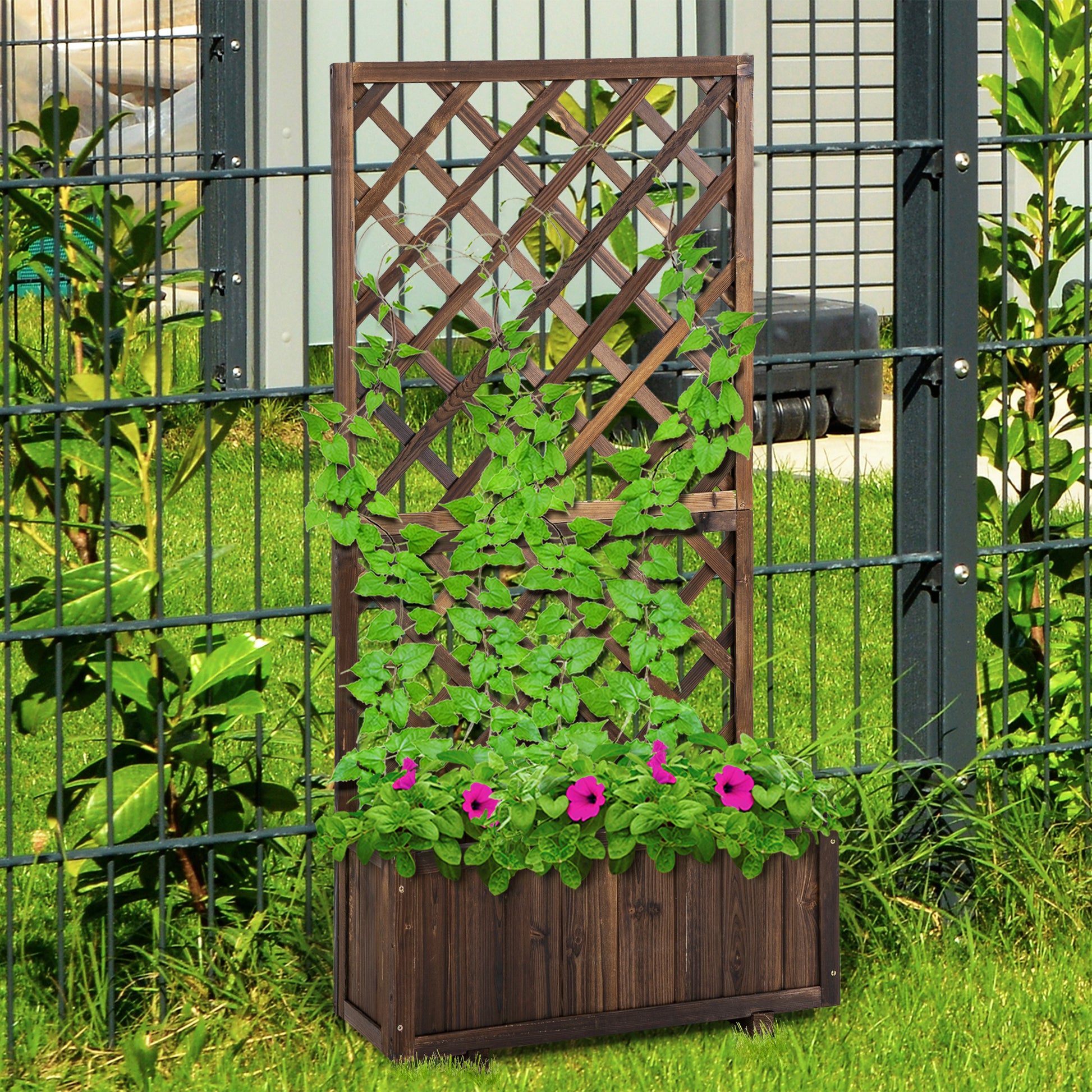 Outsunny Garden Wooden Pine Trough Planter W/ Topped Trellis Climbing Plants Flower Raised Bed 