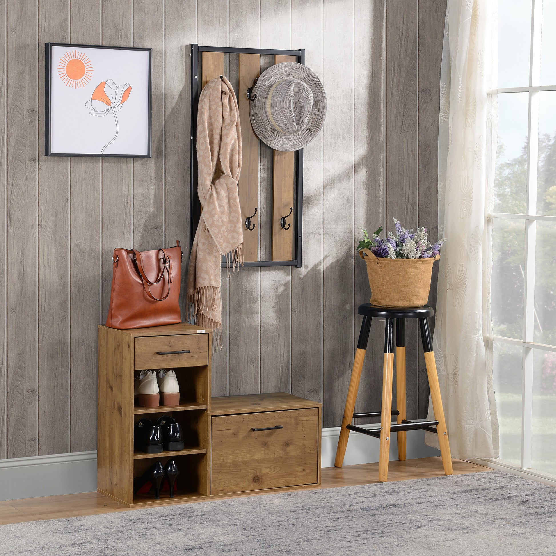 HOMCOM Coat Rack with Shoe Bench Set, Hall Tree, Hallway Set with 6 Hooks, Drawer and Storage Cabinet, Black and Natural 