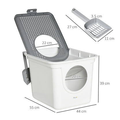 Litter Box for Cats, Cat Litter Box, Pet Toilet Enclosed w/ Front Entrance Top exit Scoop, White